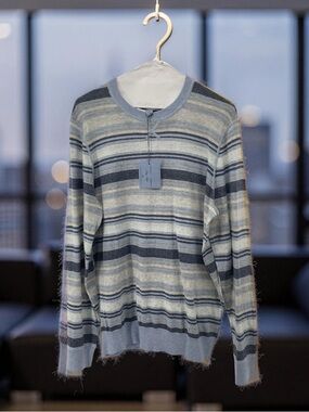 Men's Striped Lightweight Crewneck Sweater - Blue & Gray